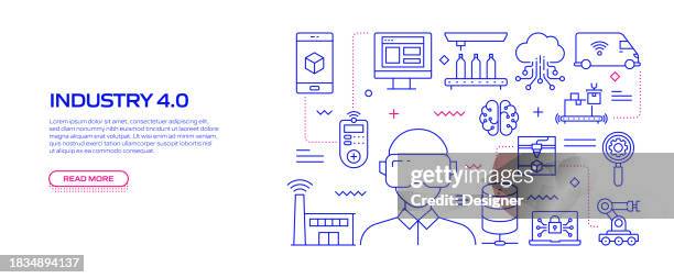 industry 4.0 related line style banner design for web page, headline, brochure, annual report and book cover - technology revolution stock illustrations