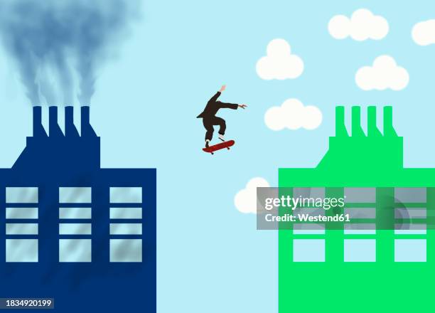 businessman performing skateboard jump from smoke producing factory towards green sustainable one - skateboard stock illustrations
