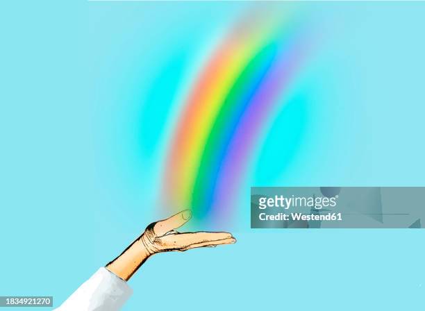 illustration of hand holding rainbow - unrecognizable person stock illustrations