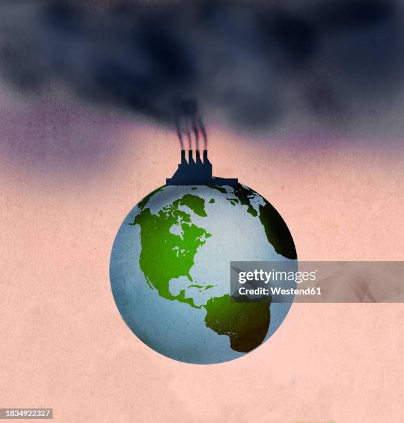 ilustraciones, imágenes clip art, dibujos animados e iconos de stock de illustration of factory covering whole earth in smoke - calentamiento global