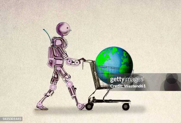 robot pushing supermarket cart containing planet earth - commercial activity stock illustrations