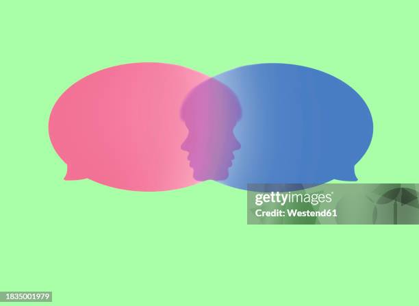 two overlapping speech bubbles with faces - different levels stock illustrations