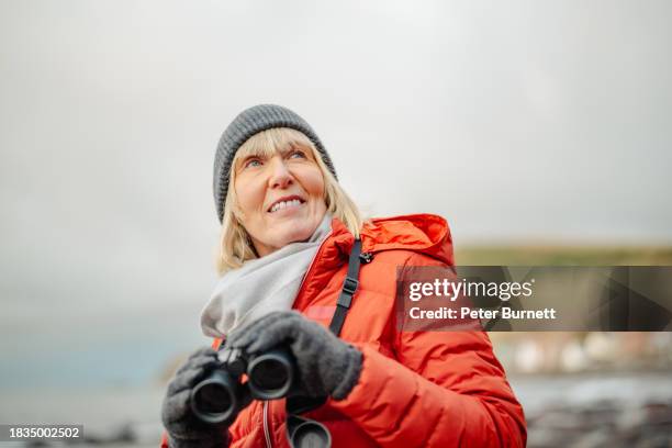 senior woman exploring crovie village, scotland - bird watching stock pictures, royalty-free photos & images