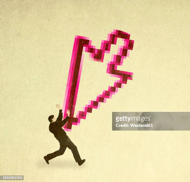 illustration of man defending against oversized cursor symbolizing cyber attack - technology stock illustrations