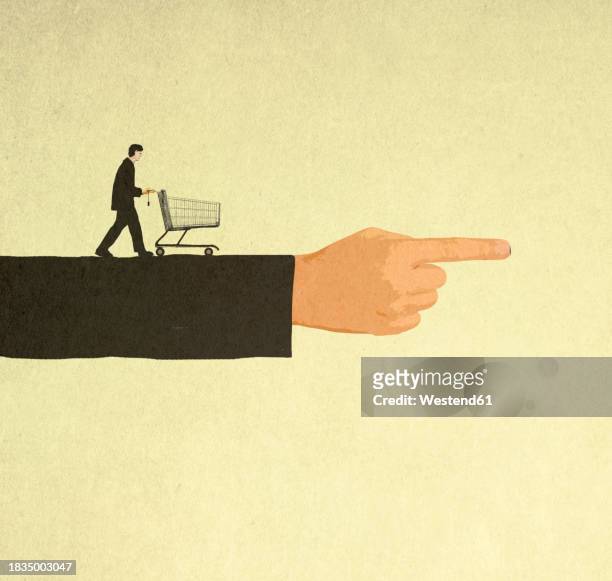 man pushing shopping hard along oversized arm pointing forward - pushing stock illustrations