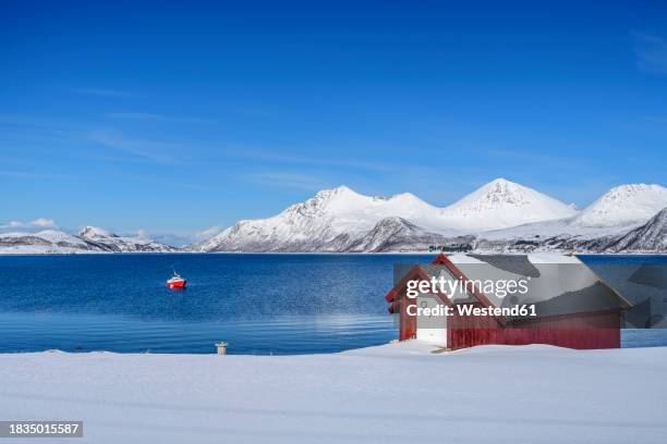 norway, troms og finnmark, secluded hut on shore of nordfjord - olden foto e immagini stock