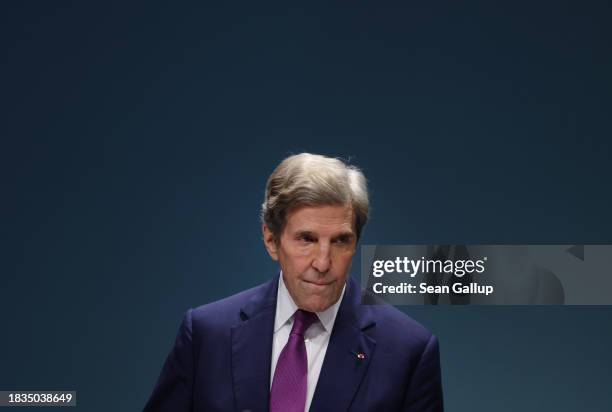 John Kerry, U.S. Special Presidential Envoy for Climate, speaks during a press conference on day seven of the UNFCCC COP28 Climate Conference at Expo...