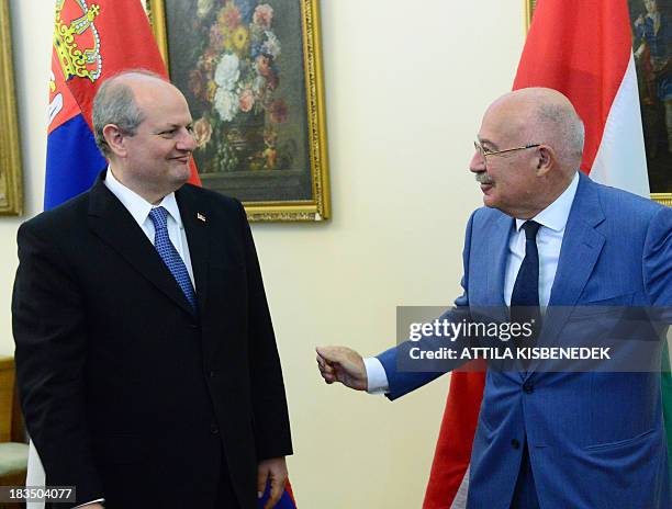 Serbian Foreign Minister Ivan Mrkic is welcomed by his Hungarian counterpart Janos Martonyi in the Hungarian Ministry for Foreign Affairs of Budapest...