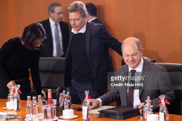 German Chancellor Olaf Scholz arrives for the weekly government cabinet meeting on December 06, 2023 in Berlin, Germany. The cabinet is meeting as...
