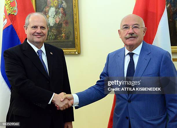 Serbian Foreign Minister Ivan Mrkic is welcomed by his Hungarian counterpart Janos Martonyi in the Hungarian Ministry for Foreign Affairs of Budapest...