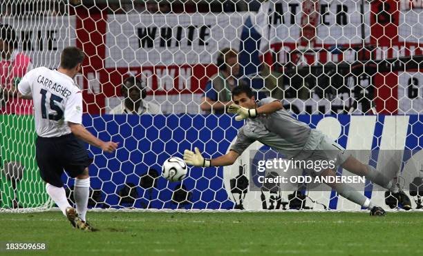 Portuguese goalkeeper Ricardo saves a penalty kick of English defender Jamie Carragher during the penalty kicks of the World Cup 2006 quarter final...
