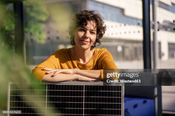 smiling businesswoman sitting with solar panel in office - solar panel array front view stock pictures, royalty-free photos & images