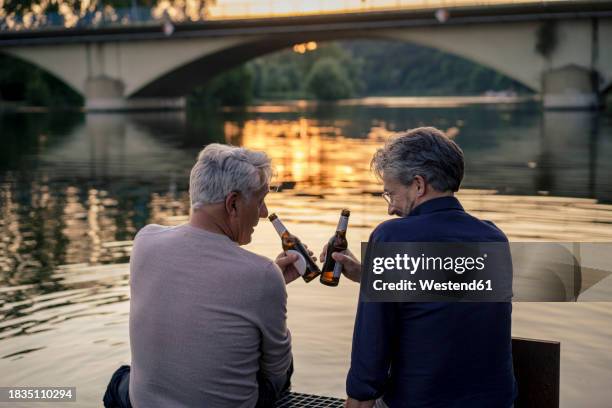 senior friends toasting beer bottles near water at sunset - freund stock-fotos und bilder