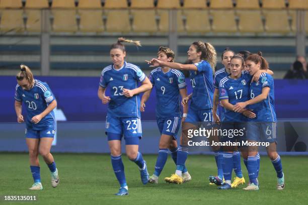 Manuela Giugliano of Italy celebrates with team mates after scoring to give the side a 1-0 lead during the UEFA Women's Nations League match between...