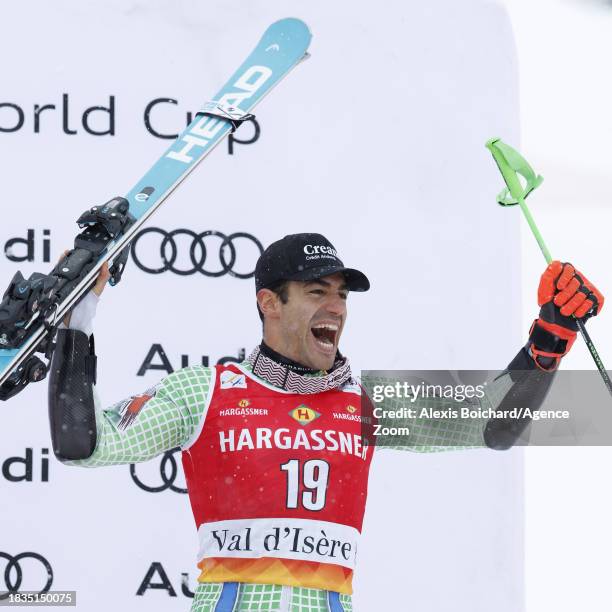 Joan Verdu of Team Andorra takes 3rd place during the Audi FIS Alpine Ski World Cup Men's Giant Slalom on December 9, 2023 in Val d'Isere, France.