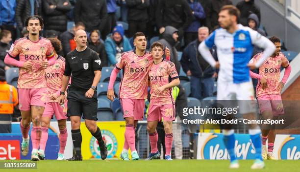 Leeds United's Daniel James celebrates scoring the opening goal with Joel Piroe during the Sky Bet Championship match between Blackburn Rovers and...