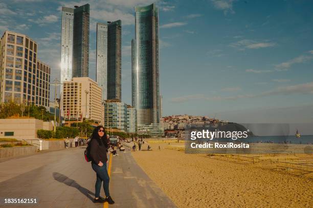 seaside stroll: woman enjoying the south korean skyline - seoul south korea skyline stock pictures, royalty-free photos & images