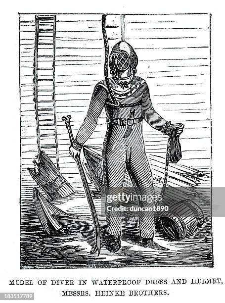 diver in waterproof dress and helmet - scuba diving stock illustrations