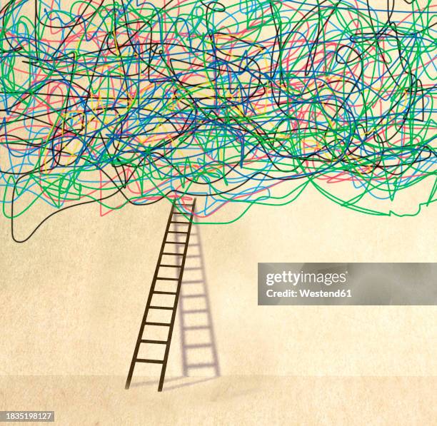 ladder leaning on wall under tangled lines - confusion stock illustrations