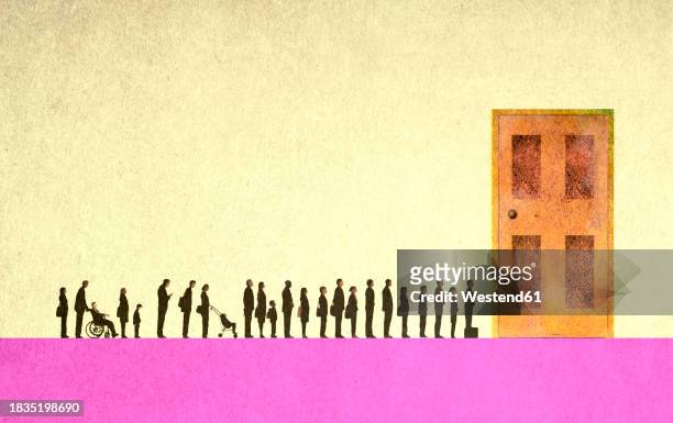 line of people waiting in front of oversized door - position stock illustrations