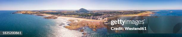 uk, scotland, north berwick, aerial panorama of coastal town - north berwick elevated view stock pictures, royalty-free photos & images
