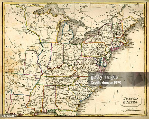 ilustraciones, imágenes clip art, dibujos animados e iconos de stock de antquie mapa de los estados unidos - erie pennsylvania