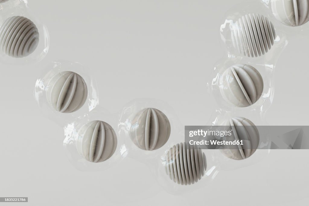 Wrapped Sphere 3d Render Of Row Of Plastic Wrapped Spheres Floating Against White ...