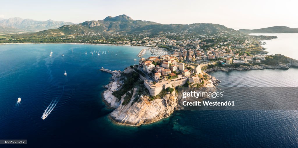 France, Haute-Corse, Calvi, Aerial view of town on shore of Corsica island