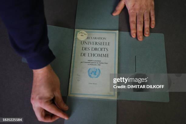 This photograph taken on December 9 shows the cover of a document from the Department of Information of the United Nations, dated March 1949, bearing...