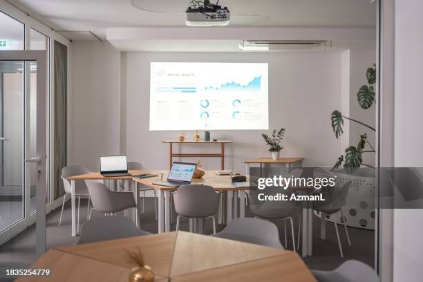 empty meeting room with projection on the wall - projection equipment stock pictures, royalty-free photos & images