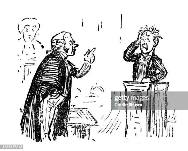 british satire caricature comic cartoon illustration - court decides on objections stock illustrations