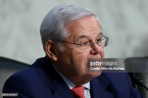 Sen. Bob Menendez participates in a Senate Banking Committee hearing at the Hart Senate Office Building on December 06, 2023 in Washington, DC. The...