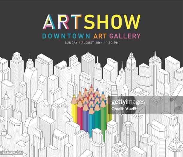 ilustrações de stock, clip art, desenhos animados e ícones de colored pencils art show gallery creative artwork brochure flyer - espetáculo de arte