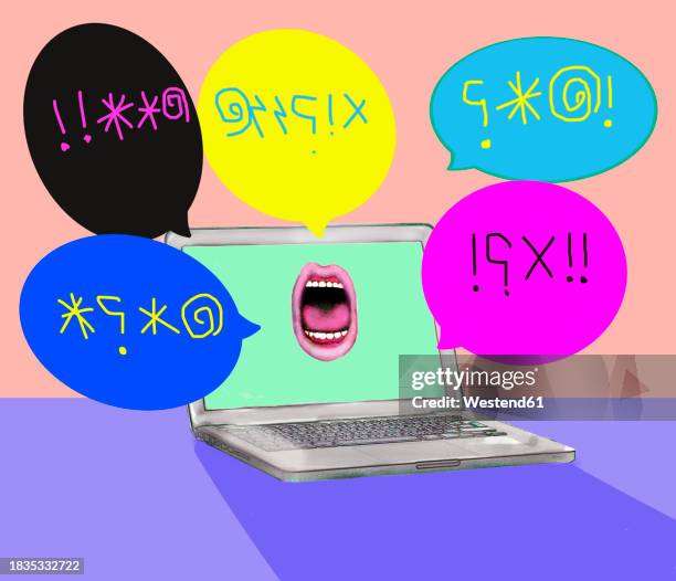illustrations, cliparts, dessins animés et icônes de mouth shouting profanities from laptop screen - mépris