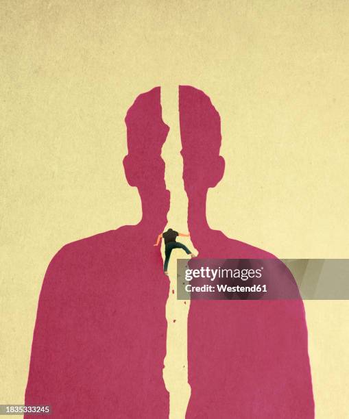 man climbing up channel inside oversized man - obstacles stock illustrations