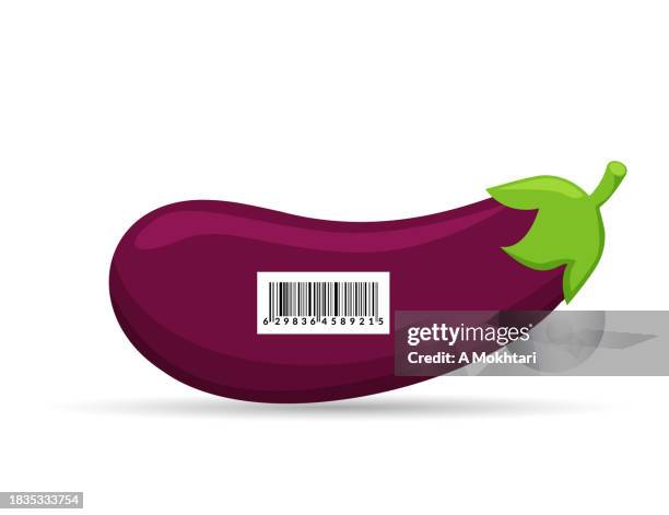 aubergine mit barcode. - aubergine stock-grafiken, -clipart, -cartoons und -symbole