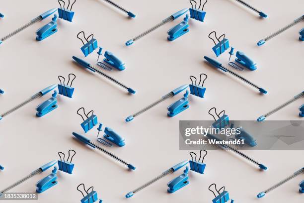 3d pattern of blue colored office supplies floating against white background - pin stock illustrations