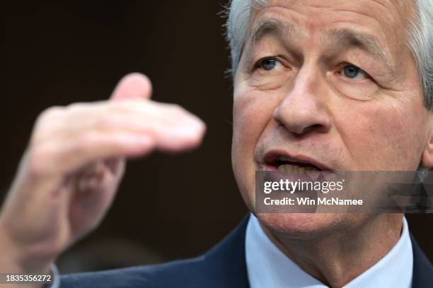 Jamie Dimon, Chairman and CEO of JPMorgan Chase, testifies during a Senate Banking Committee hearing at the Hart Senate Office Building on December...