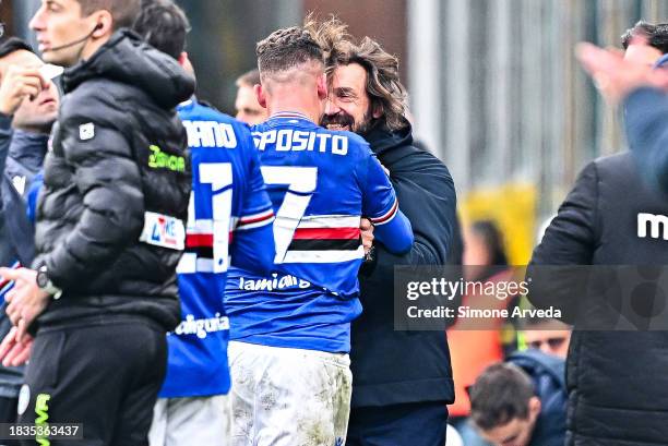 Sebastiano Esposito of Sampdoria celebrates with Andrea Pirlo, head coach of Sampdoria, after scoring a goal during the Serie B match between Uc...