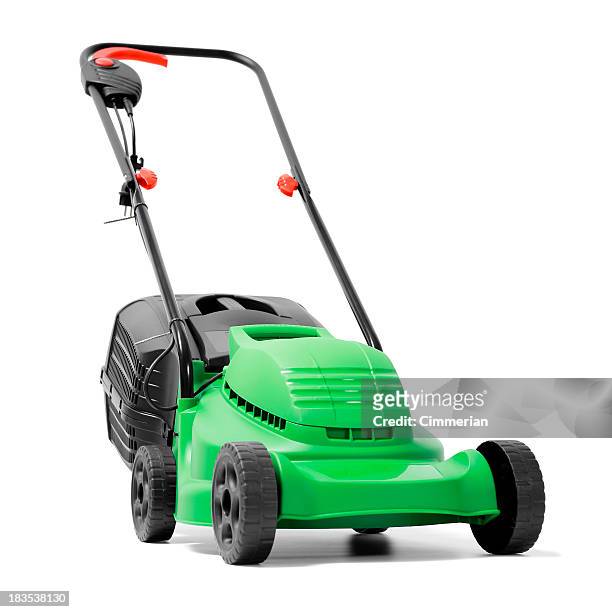 a brand new green electric power lawn mower - gardening equipment white background stock pictures, royalty-free photos & images