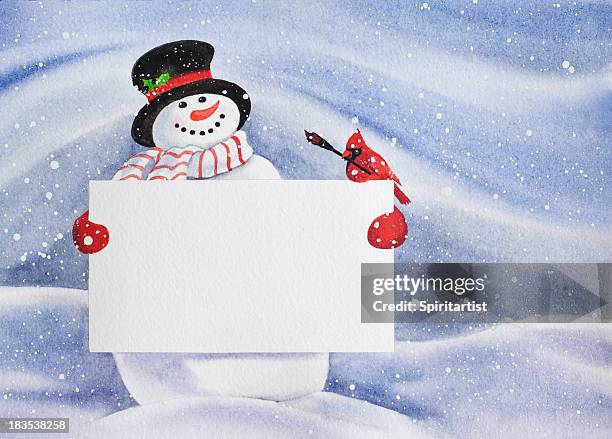 schneemann holding eine leere schild - schneemann stock-grafiken, -clipart, -cartoons und -symbole