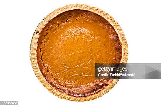 whole pumpkin pie overhead isolated - pumpkin pie stock pictures, royalty-free photos & images