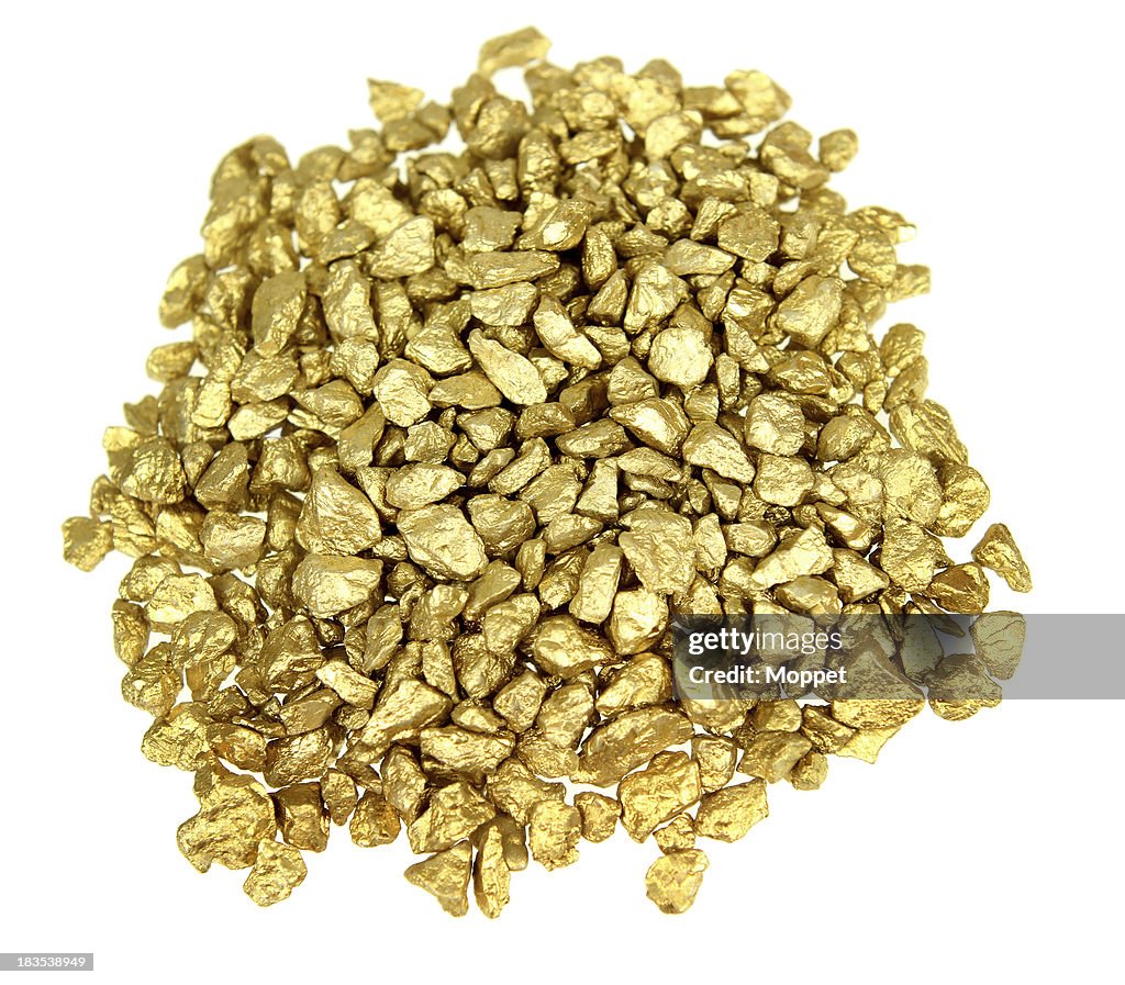 A pile of small and medium gold nuggets