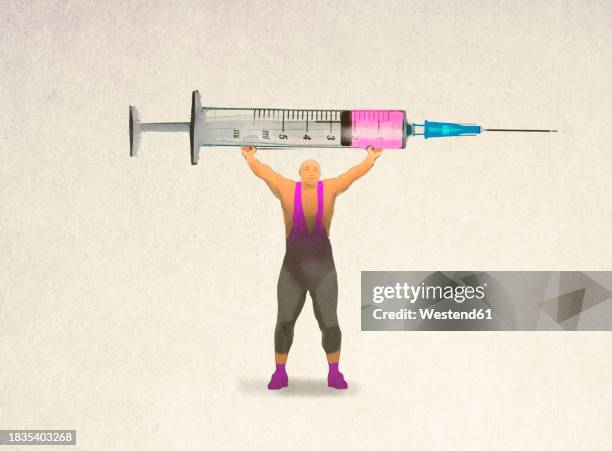 illustration of strongman holding oversized syringe - surgical equipment stock illustrations