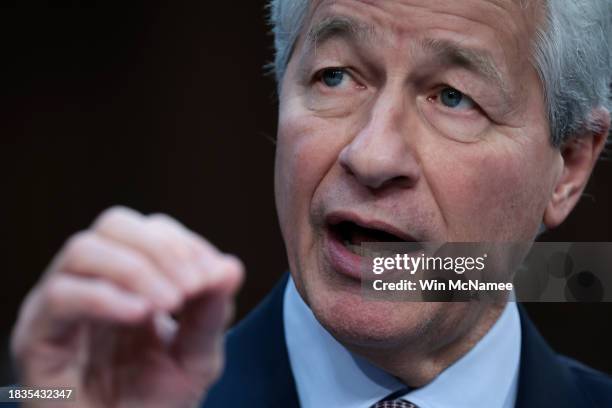 Jamie Dimon, Chairman and CEO of JPMorgan Chase, testifies during a Senate Banking Committee hearing at the Hart Senate Office Building on December...