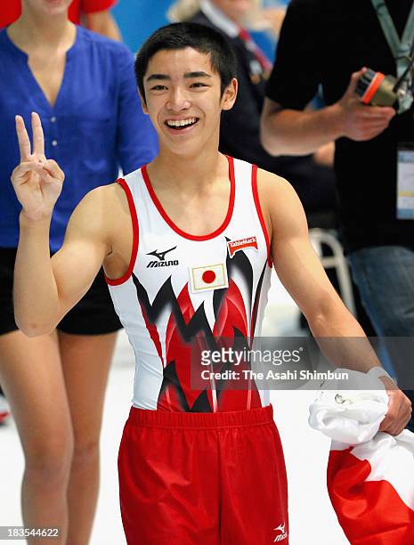 Kenzo Shirai of Japan after competing in the Floor Exercise Final on Day Six of the Artistic Gymnastics World Championships Belgium 2013 held at the...