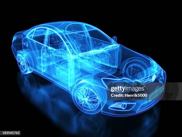 neon anatomy of an automobile on black background - landvoertuig stockfoto's en -beelden