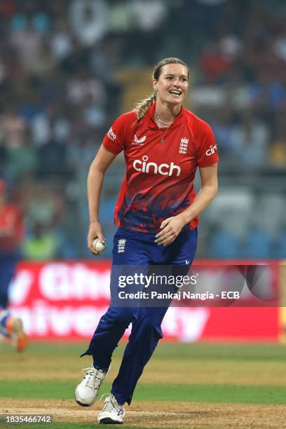 Lauren Bell of England celebrates the wicket of Titas Sadhu of India during the 2nd T20 International match between India Women and England Women at...