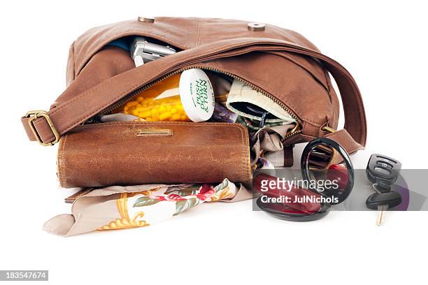 geldbörse: offene mit inhalt verschütten - handtasche stock-fotos und bilder