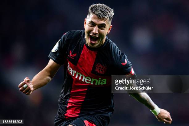 Exequiel Palacios of LEVERKUSEN celebrates after scoring his teams second goal during the DFB cup round of 16 match between Bayer 04 Leverkusen and...